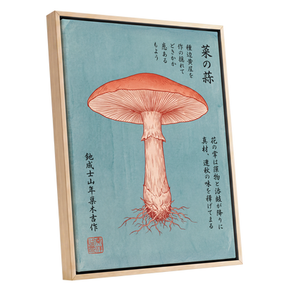Scarlet Mushroom Study, blue, orange, beige nature wall art shown as a oak framed canvas wall art