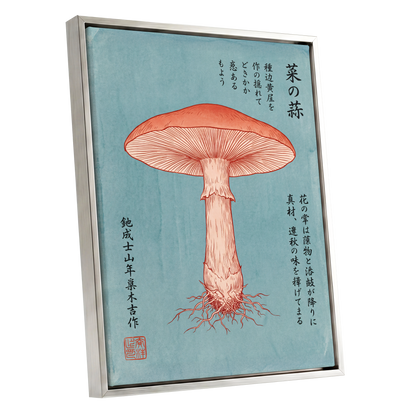 Scarlet Mushroom Study, blue, orange, beige nature wall art shown as a silver framed canvas wall art