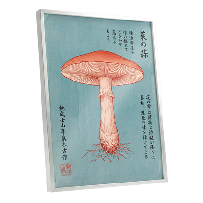 Scarlet Mushroom Study, blue, orange, beige nature wall art shown as a silver framed poster wall art print