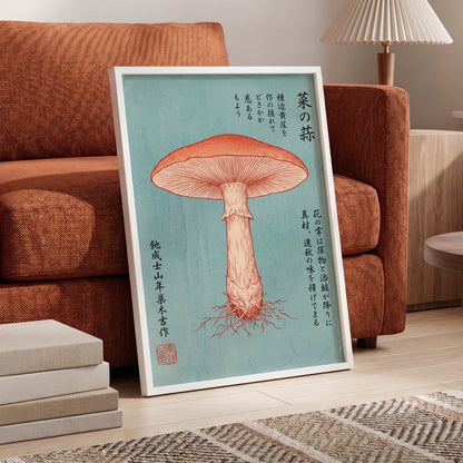 Scarlet Mushroom Study, blue, orange, beige nature wall art displayed in a styled interior, gallery view 9