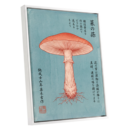 Scarlet Mushroom Study, blue, orange, beige nature wall art shown as a white framed canvas wall art