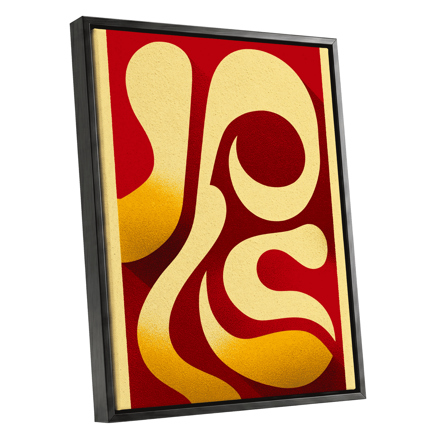 Scarlet Orbit, red, beige, gold abstract wall art shown as a black framed canvas wall art