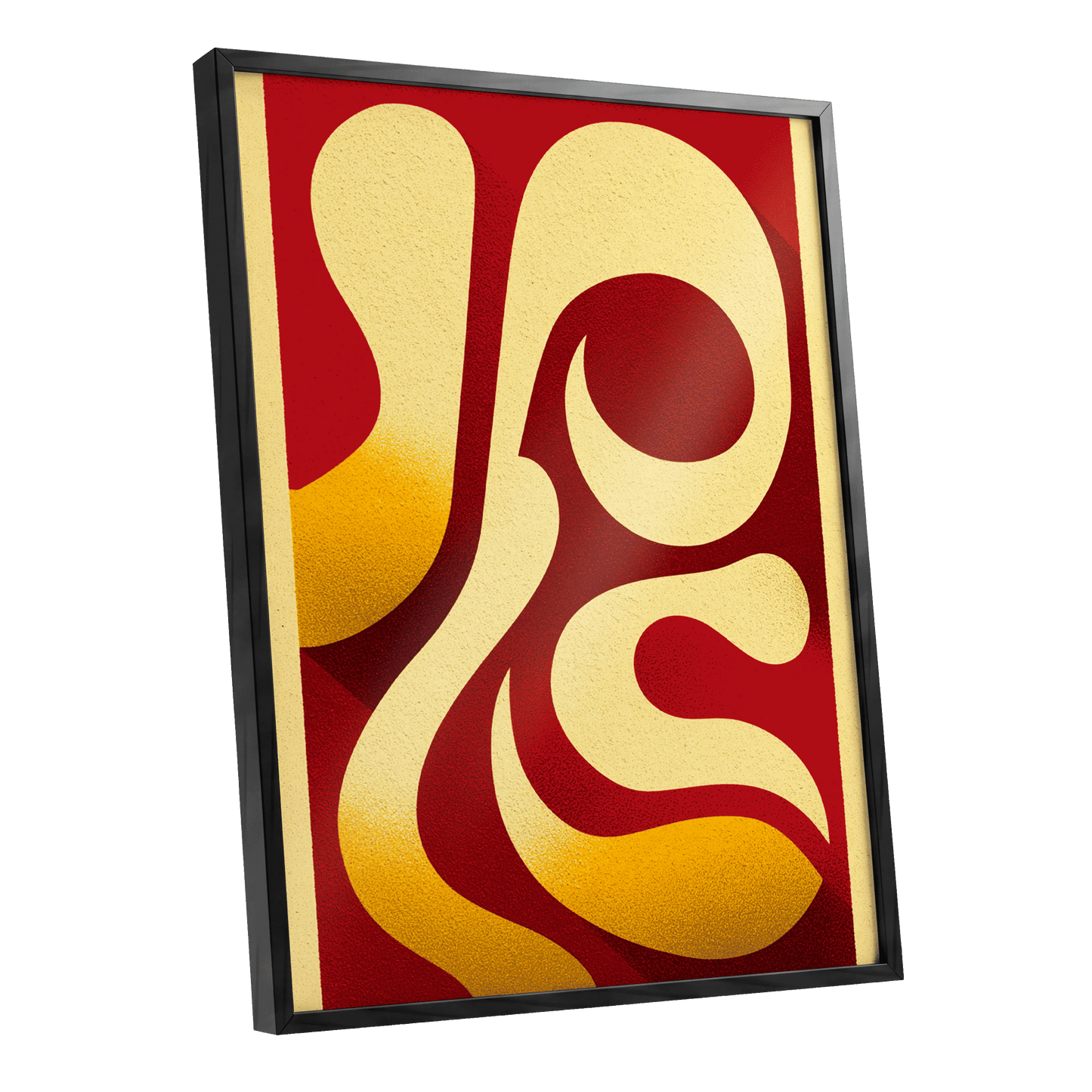Scarlet Orbit, red, beige, gold abstract wall art shown as a black framed poster wall art print