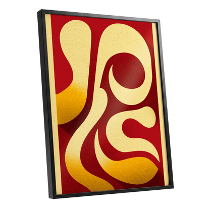 Scarlet Orbit, red, beige, gold abstract wall art shown as a black framed poster wall art print