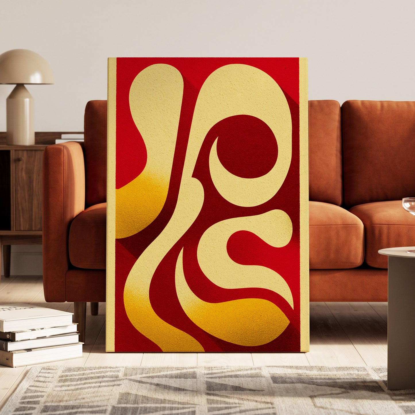 Scarlet Orbit, red, beige, gold abstract wall art on canvas displayed in a styled interior, gallery view 1