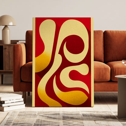 Scarlet Orbit, red, beige, gold abstract wall art on canvas displayed in a styled interior, gallery view 1