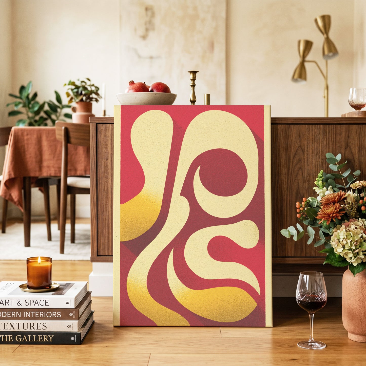 Scarlet Orbit, red, beige, gold abstract wall art on canvas displayed in a styled interior, gallery view 2