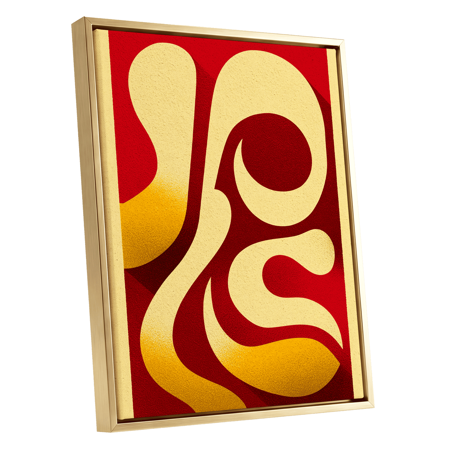 Scarlet Orbit, red, beige, gold abstract wall art shown as a gold framed canvas wall art