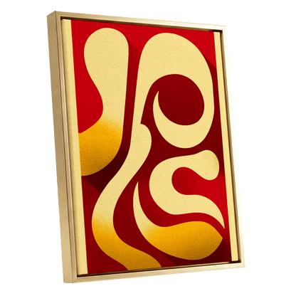 Scarlet Orbit, red, beige, gold abstract wall art shown as a gold framed canvas wall art