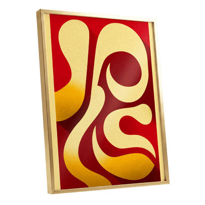 Scarlet Orbit, red, beige, gold abstract wall art shown as a gold framed poster wall art print