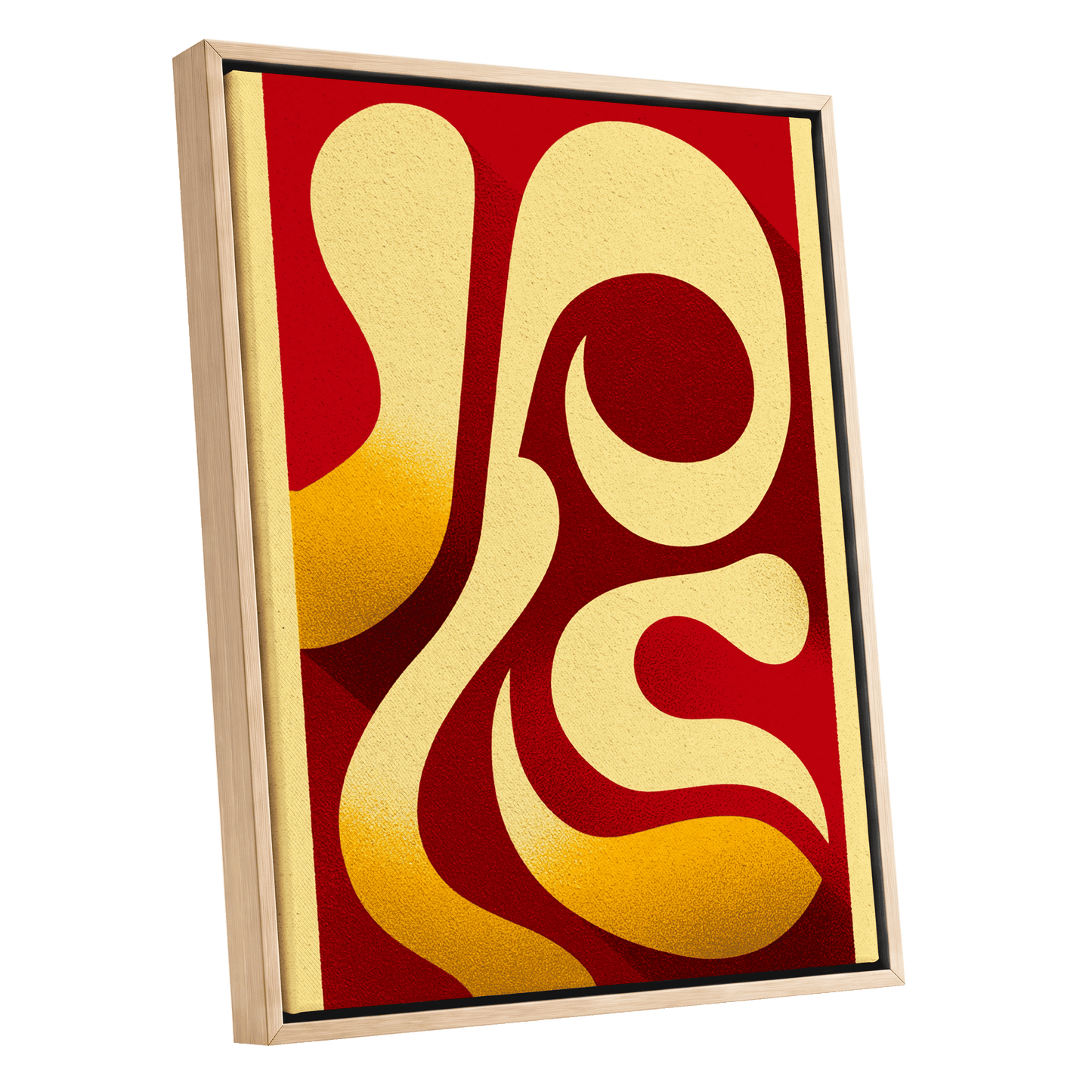 Scarlet Orbit, red, beige, gold abstract wall art shown as a oak framed canvas wall art