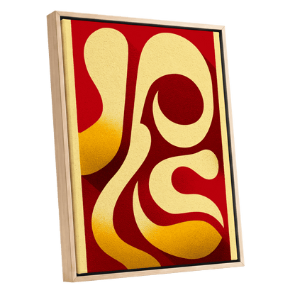 Scarlet Orbit, red, beige, gold abstract wall art shown as a oak framed canvas wall art