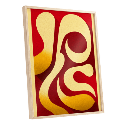 Scarlet Orbit, red, beige, gold abstract wall art shown as a oak framed poster wall art print