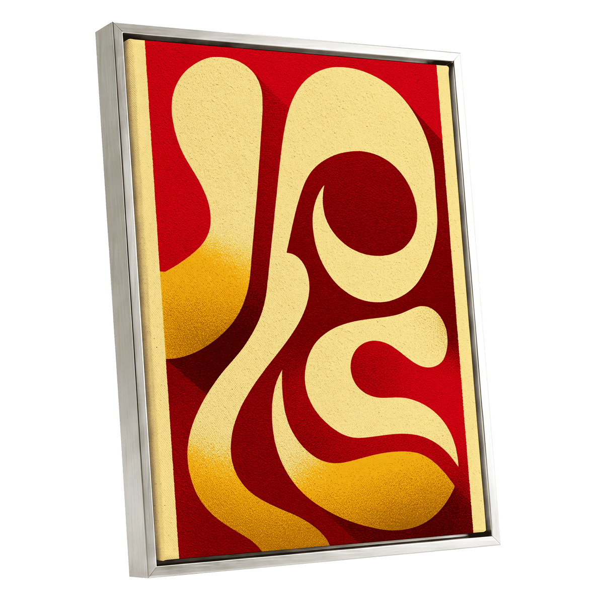 Scarlet Orbit, red, beige, gold abstract wall art shown as a silver framed canvas wall art