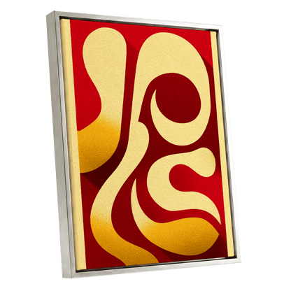 Scarlet Orbit, red, beige, gold abstract wall art shown as a silver framed canvas wall art