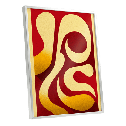 Scarlet Orbit, red, beige, gold abstract wall art shown as a silver framed poster wall art print