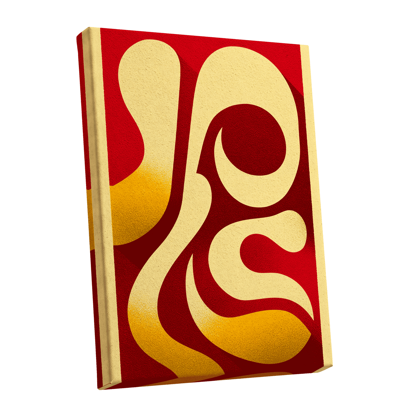 Scarlet Orbit, red, beige, gold abstract wall art shown as a stretched canvas wall art