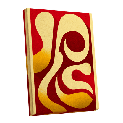 Scarlet Orbit, red, beige, gold abstract wall art shown as a stretched canvas wall art