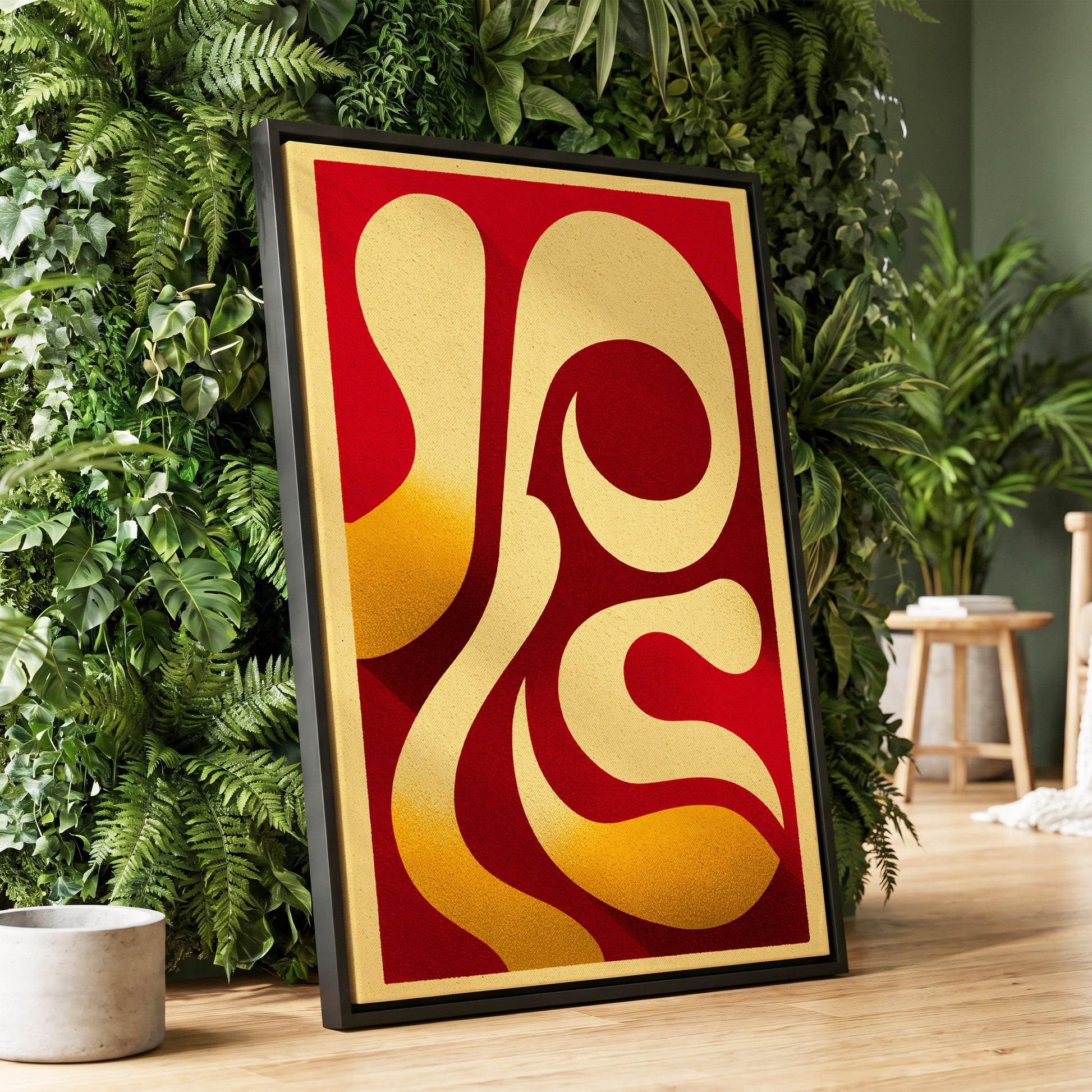 Scarlet Orbit, red, beige, gold abstract wall art displayed in a styled interior, gallery view 1