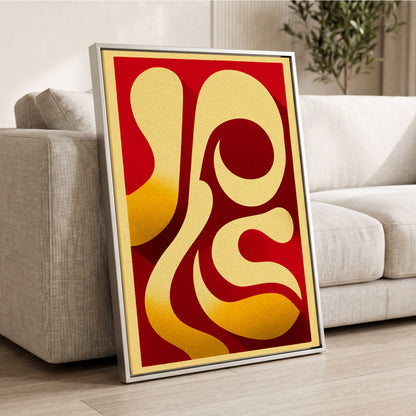 Scarlet Orbit, red, beige, gold abstract wall art displayed in a styled interior, gallery view 2