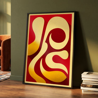 Scarlet Orbit, red, beige, gold abstract wall art displayed in a styled interior, gallery view 4