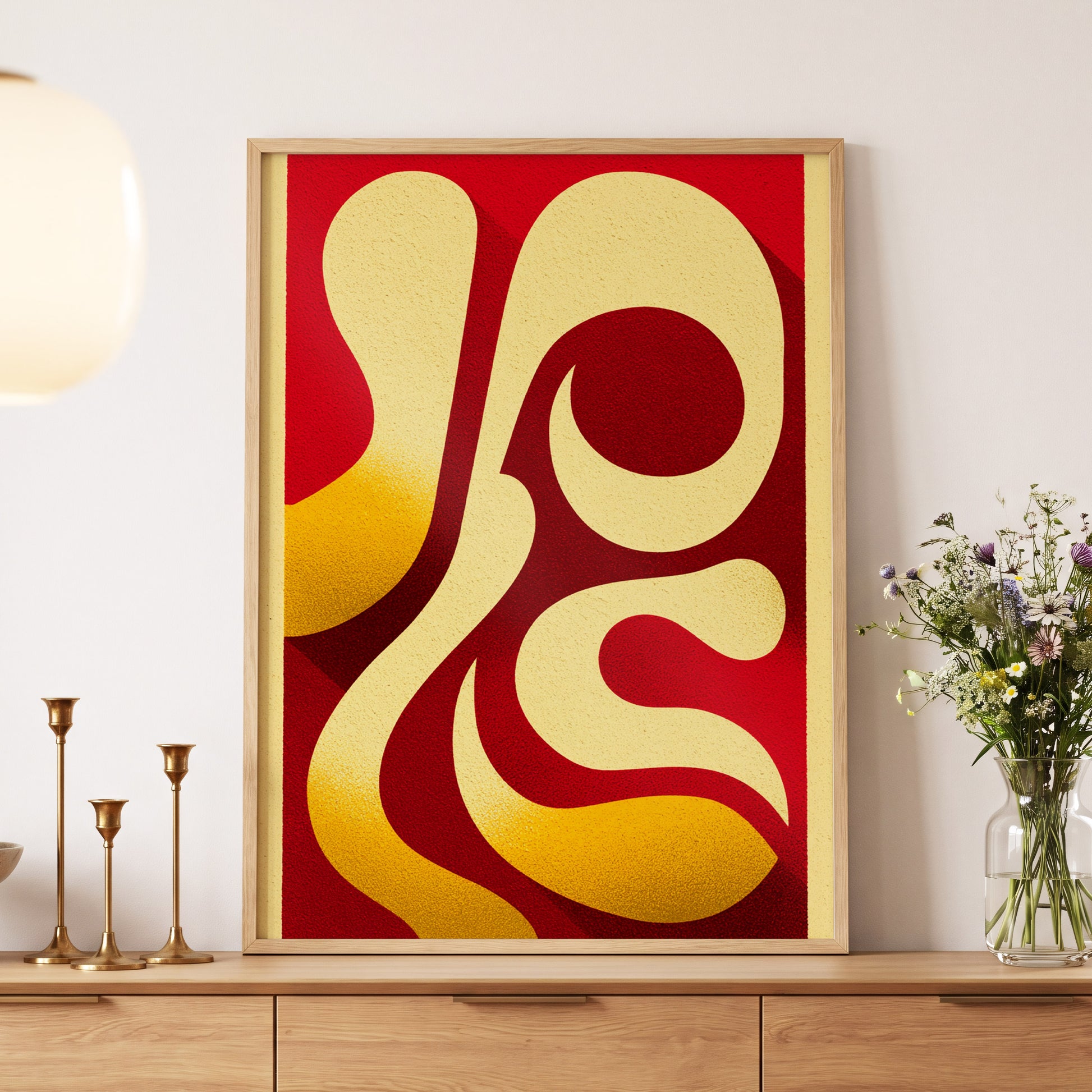 Scarlet Orbit, red, beige, gold abstract wall art displayed in a styled interior, gallery view 5