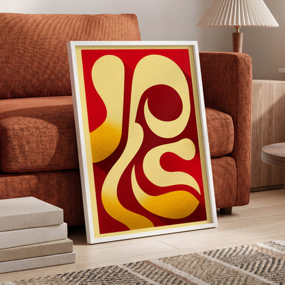 Scarlet Orbit, red, beige, gold abstract wall art displayed in a styled interior, gallery view 6