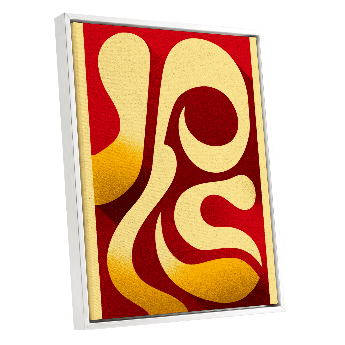 Scarlet Orbit, red, beige, gold abstract wall art shown as a white framed canvas wall art