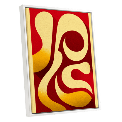 Scarlet Orbit, red, beige, gold abstract wall art shown as a white framed canvas wall art