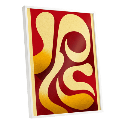 Scarlet Orbit, red, beige, gold abstract wall art shown as a white framed poster wall art print