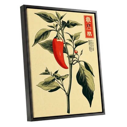 Scarlet Pepper Study, red, green, black nature wall art shown as a black framed canvas wall art