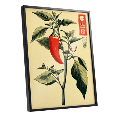 Scarlet Pepper Study, red, green, black nature wall art shown as a black framed poster wall art print