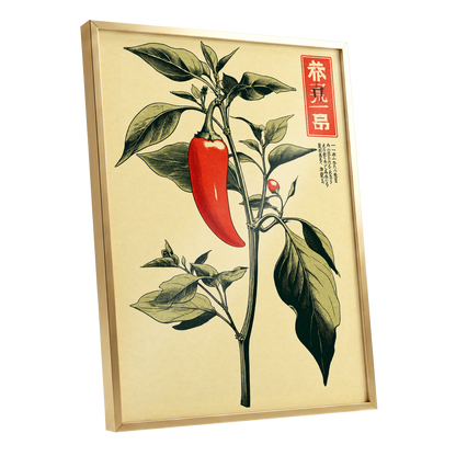 Scarlet Pepper Study, red, green, black nature wall art shown as a gold framed poster wall art print
