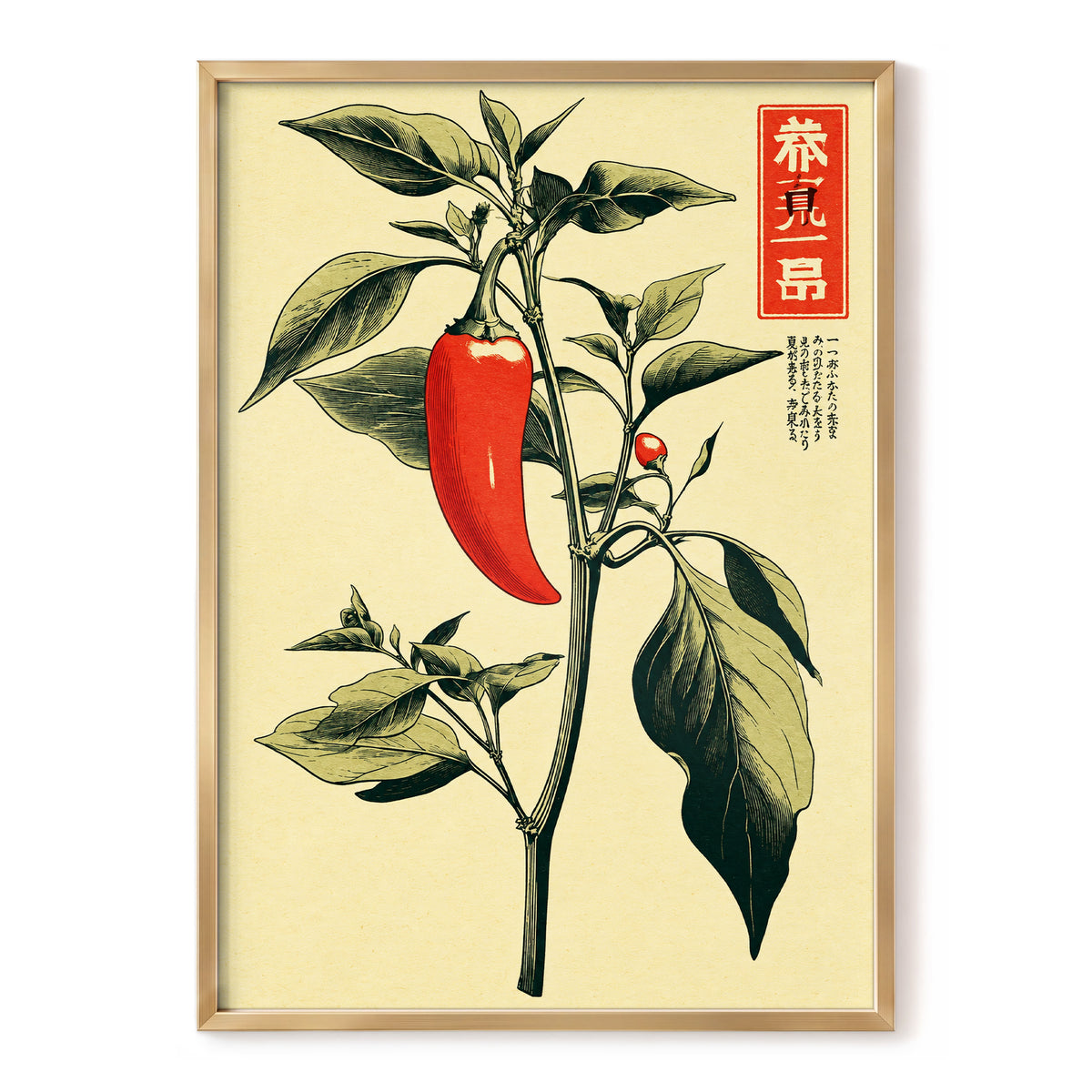 Scarlet Pepper Study, red, green, black nature wall art, front artwork view