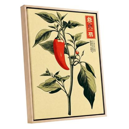 Scarlet Pepper Study, red, green, black nature wall art shown as a oak framed canvas wall art