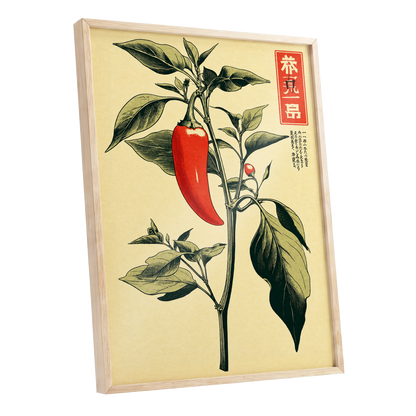 Scarlet Pepper Study, red, green, black nature wall art shown as a oak framed poster wall art print