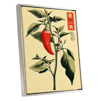 Scarlet Pepper Study, red, green, black nature wall art shown as a silver framed canvas wall art