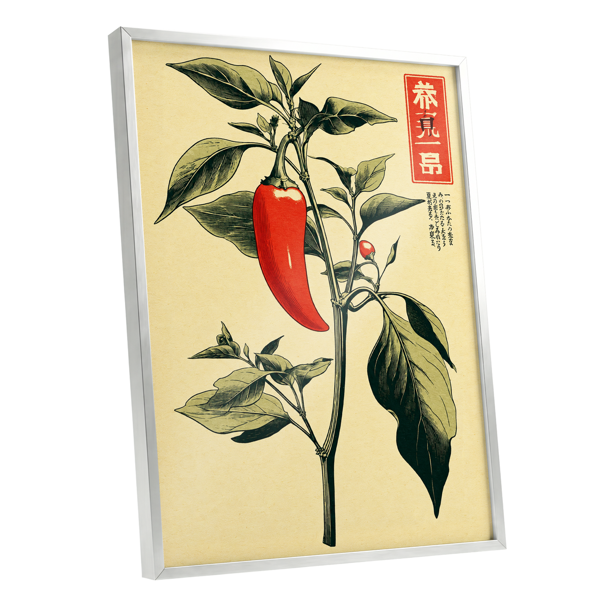 Scarlet Pepper Study, red, green, black nature wall art shown as a silver framed poster wall art print