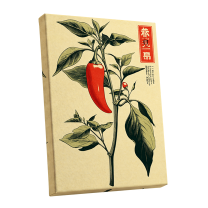 Scarlet Pepper Study, red, green, black nature wall art shown as a stretched canvas wall art