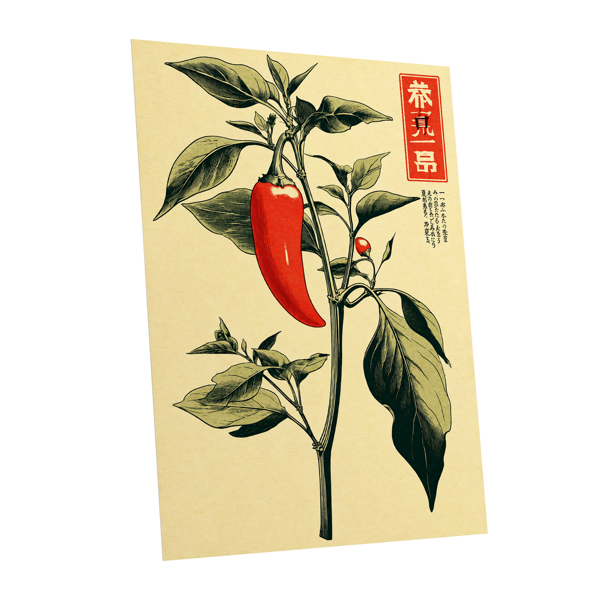Scarlet Pepper Study, red, green, black nature wall art shown as a unframed poster wall art print