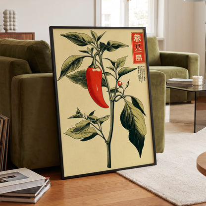 Scarlet Pepper Study, red, green, black nature wall art displayed in a styled interior, gallery view 2