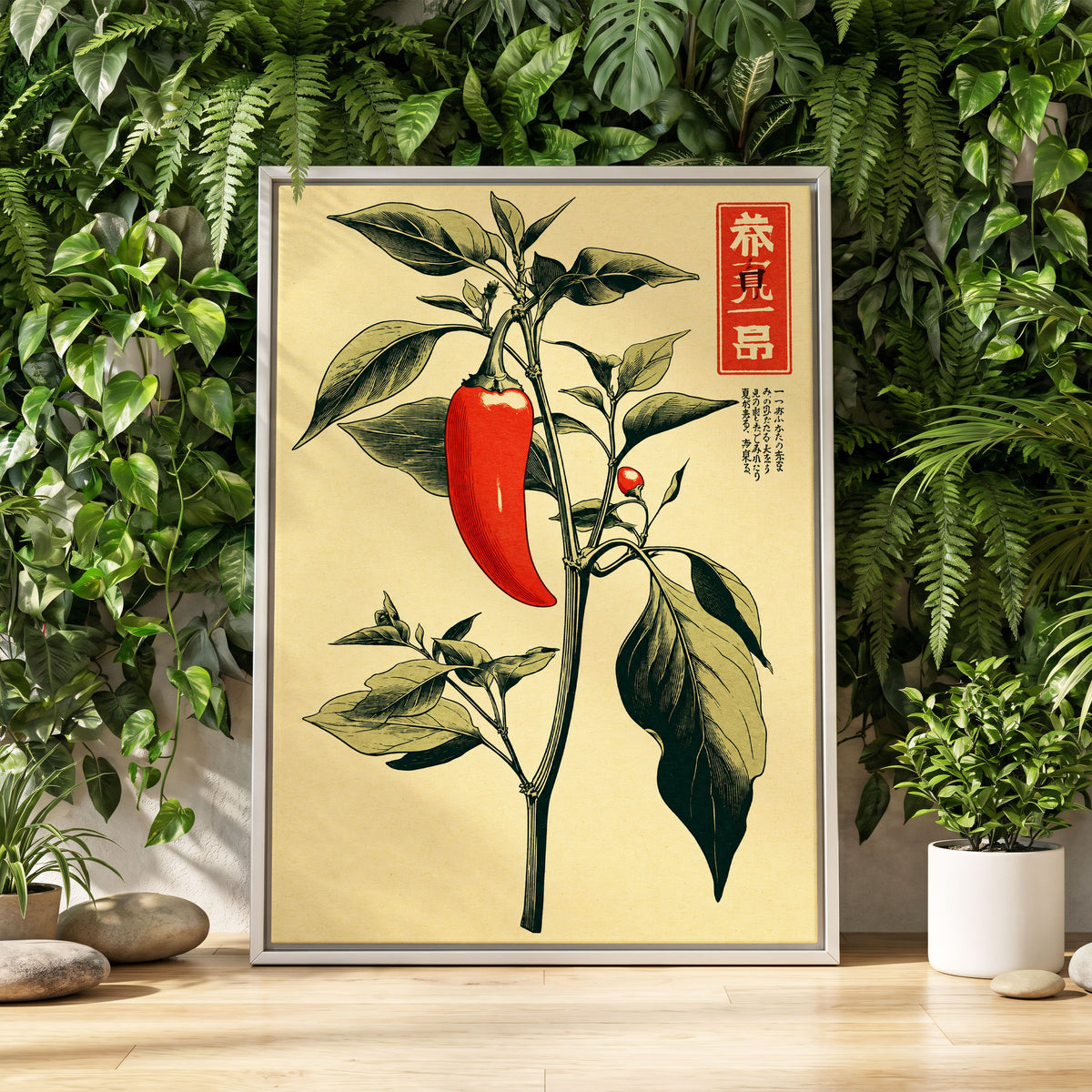 Scarlet Pepper Study, red, green, black nature wall art displayed in a styled interior, gallery view 4