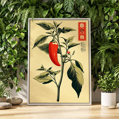 Scarlet Pepper Study, red, green, black nature wall art displayed in a styled interior, gallery view 4