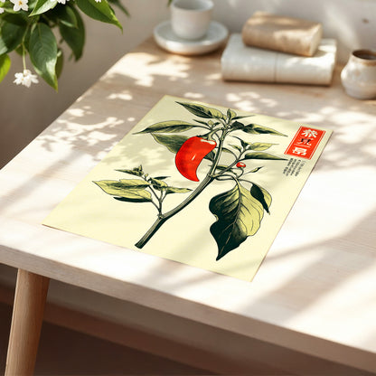 Scarlet Pepper Study, red, green, black nature wall art displayed in a styled interior, gallery view 5