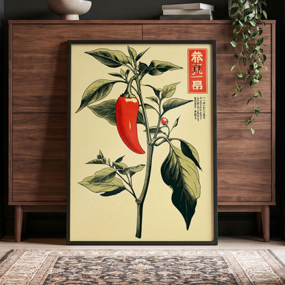 Scarlet Pepper Study, red, green, black nature wall art displayed in a styled interior, gallery view 6