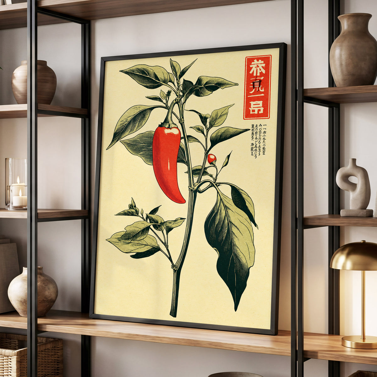 Scarlet Pepper Study, red, green, black nature wall art displayed in a styled interior, gallery view 9