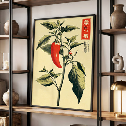Scarlet Pepper Study, red, green, black nature wall art displayed in a styled interior, gallery view 9
