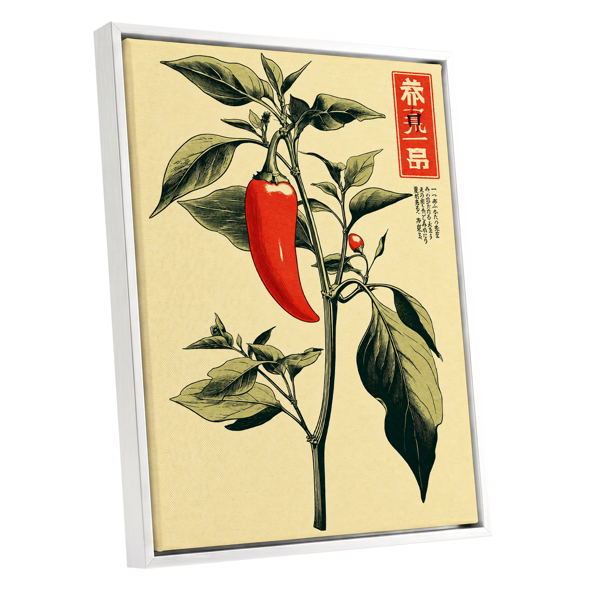 Scarlet Pepper Study, red, green, black nature wall art shown as a white framed canvas wall art