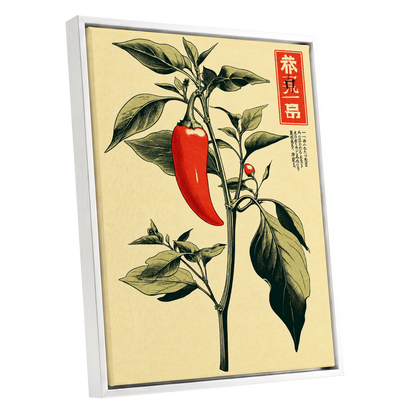 Scarlet Pepper Study, red, green, black nature wall art shown as a white framed canvas wall art