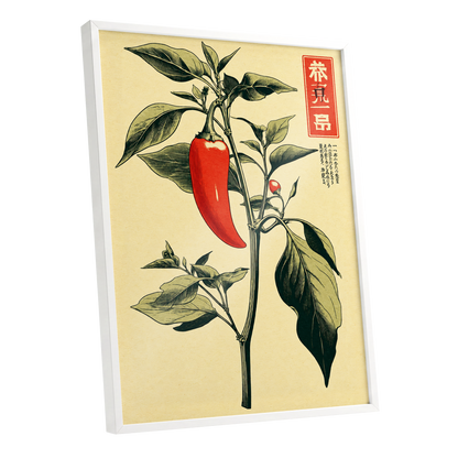 Scarlet Pepper Study, red, green, black nature wall art shown as a white framed poster wall art print